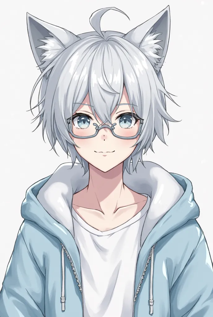 draw for me a boy about 21 years old with white  Silver short hair and grey eyes, he is chilly but not smile because he is a cold guy . He’s wearing a white shirt and a light blue jacket. He also have two white wolfs ears. His skin is very light. He wearin...