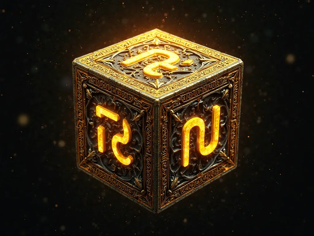 Make a cube, with detailed details in yellow, and on all sides the letter Ne is written in an ultra detailed style, the letter Ne is in the middle of the cube, the letter Ne is ultra detailed with ancestral marks, and all sides show the letter Ne, the deta...