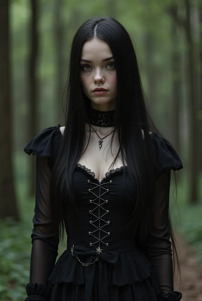 I want the image of a 22-year-old woman, with very long and straight dark black hair. Their skin is fair and their features are feminine, delicate and beautiful. Her pupil is a very dark gray. Wear a gothic and sexy period costume in shades of black. And s...