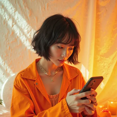 A 19-year-old Korean K-pop idol named Kloe, with short black hair and bangs, wearing 2000s-style clothing. She is holding a cellphone from the 2000s, interacting with it. The photo features vibrant orange elements, such as oranges and water, adding a refre...