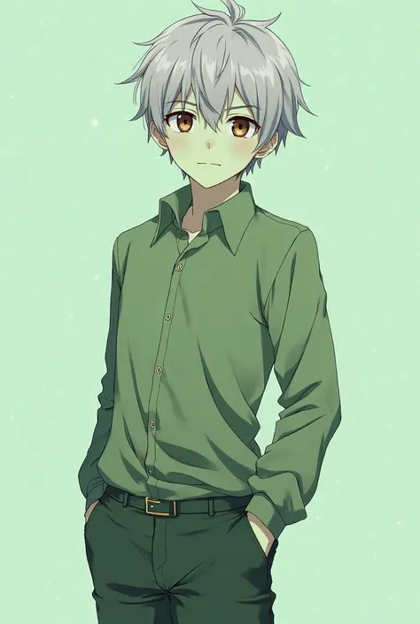 18 year old anime boy with minty green skin and brown eyes. His shirt was a regular green color, a little darker than his skin. His pants were an even darker shade of green, but his hair was a silver color.