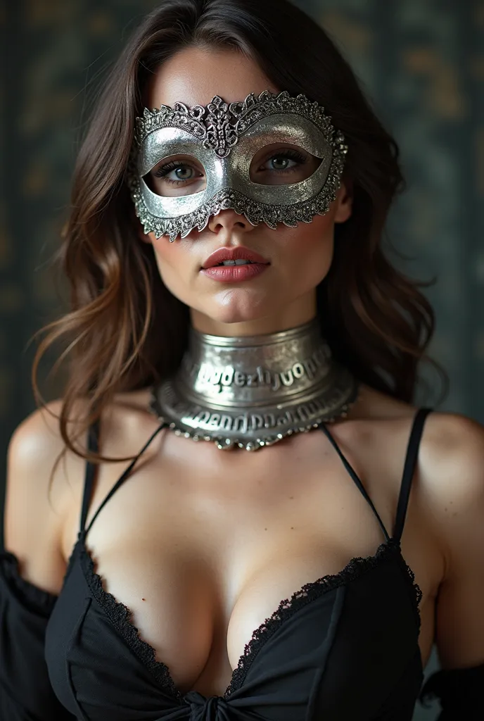 Closeup of the neck of a brunette big breasted naked woman wearing a silver metal collar ((with ‘Nastazia’s Property’ engraved on it)) and she is wearing a masquerade mask