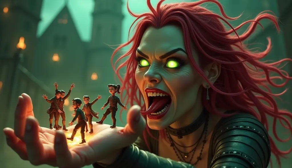 A powerful fantasy-style female character with pale red hair and glowing green eyes, holding tiny men in her hand. She has an exaggerated open mouth with sharp fangs and an elongated tongue, as if about to swallow them. Her expression is playful yet menaci...