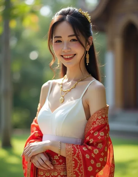 Portrait photo of a young woman dressed in traditional Southeast Asian attire, standing gracefully outdoors.. She wore a single-breasted white bodice paired with a red and gold sarong fabric with an elaborate pattern.. embellished with gold jewelry,, Combi...