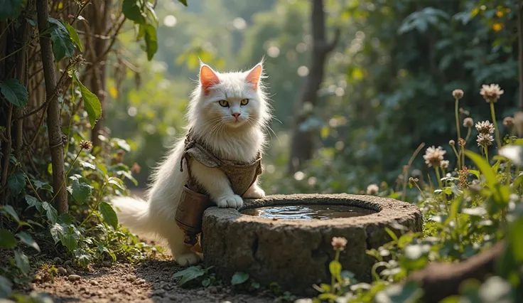 A white cat with messy fur, wearing a tattered frock, stands beside an ancient stone well in a lush jungle. In its small paw, the cat holds a bucket that is visibly filled with water, glistening in the sunlight. The well itself is brimming with clear water...