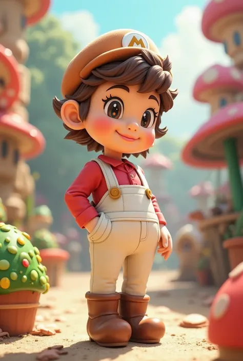 Character similar to Mario's art style with a brown painter's beret on his head white jumpsuit with a red blouse underneath brown boots brown eyes brown hair medium height 