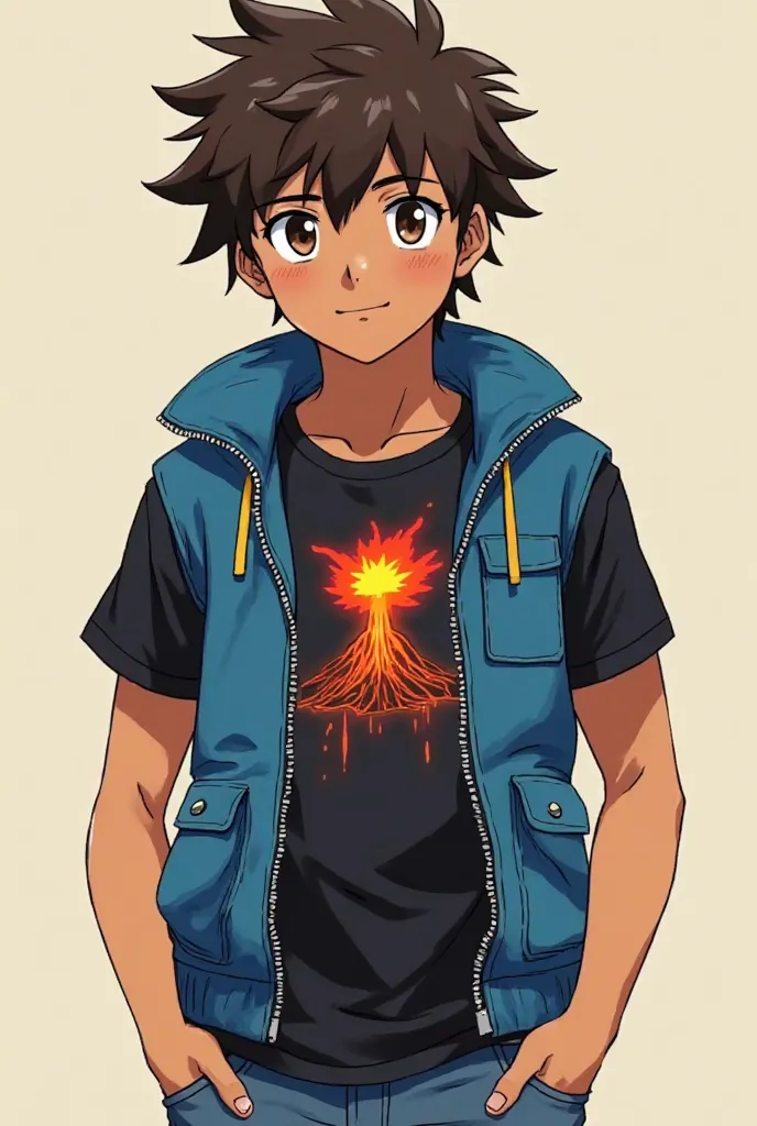 18 year old anime boy with tan skin and hazel eyes with dark brown, messy hair. His body was built similar to Big Macintosh. He wore a black t-shirt with a sticker of an erupting volcano on the front and wore this blue opened vest with chest pockets and ha...