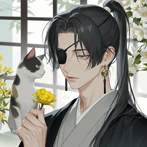 solo, long hair, 1boy, jewelry,ponytail,parted bangs,black eyepatch, upper body,bishounen,skinny,lips,portrait, black hair, male focus, earrings, japanese clothes, kimono, grey eyes, window, white flower, cat, yellow flower, holding flower, haori,