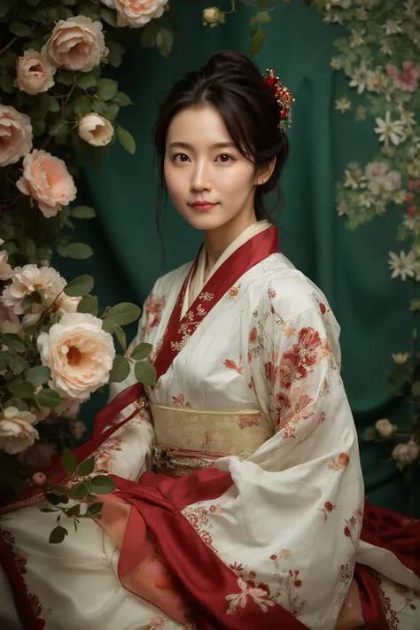 ( Half Body Shot : 2.5).  creates a vertical portrait of an attractive and beautiful East Asian model wearing a traditional Korean hanbok ,  Hanbok is meticulous in detail .  The woman has charming dark brown eyes ,  white skin, そしてlong黒髪が優雅なアップスタイルに整えられ、 ...