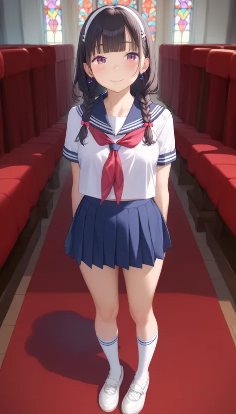 best image quality、 pretty eyes、Detailed eyes、 cute face 、 Baby Face、、Juvenile body、sailor suit、 black hair、 girls on the left、full body、平たい胸、knee-high socks、braids、 elementary school student、Standing、The background is a church