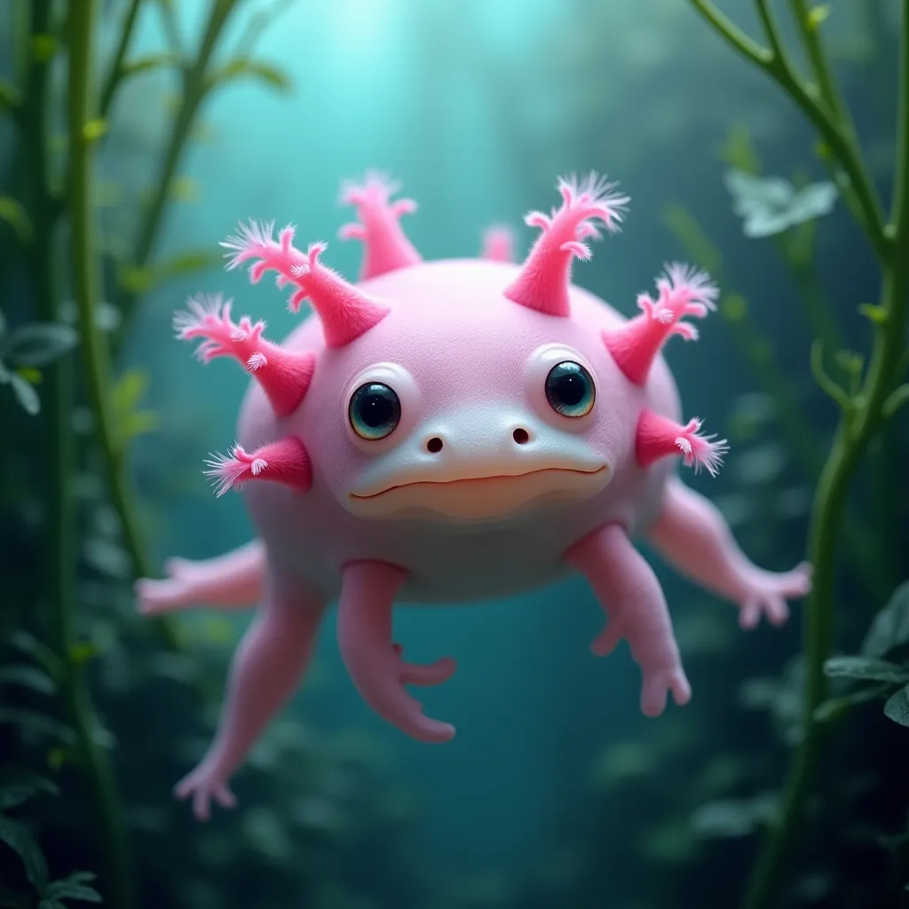 A pink Axolotl with feathery gills swimming in clear water, surrounded by aquatic plants.