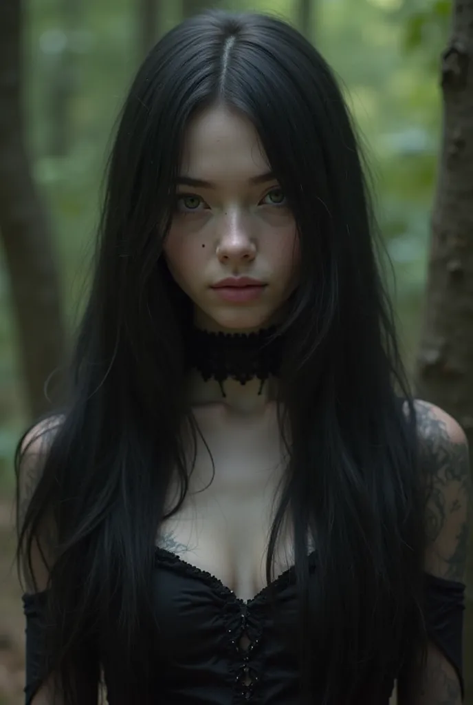 I want the image of a 22-year-old woman, with very long and straight dark black hair. Their skin is fair and their features are feminine, delicate and beautiful. Her pupil is a very dark gray. Wear a gothic and sexy period costume in shades of black. And s...