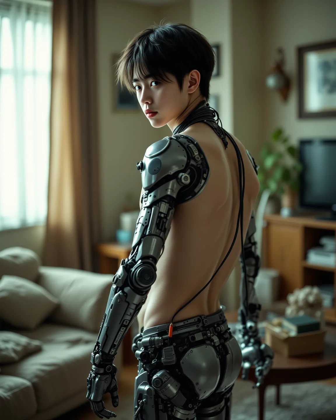 A Korean boy high school boy looks like a bionic robot，（Plug a huge cable into your own ass to charge），Back view，Looking back lol ， Nude，in the living room， Full Body Visible