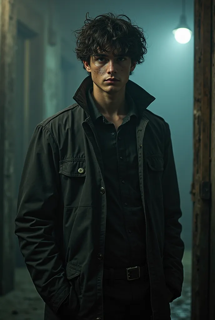 Young adult male who is a paranormal investigator who has black curly hair and a burn scar on the left side of his face