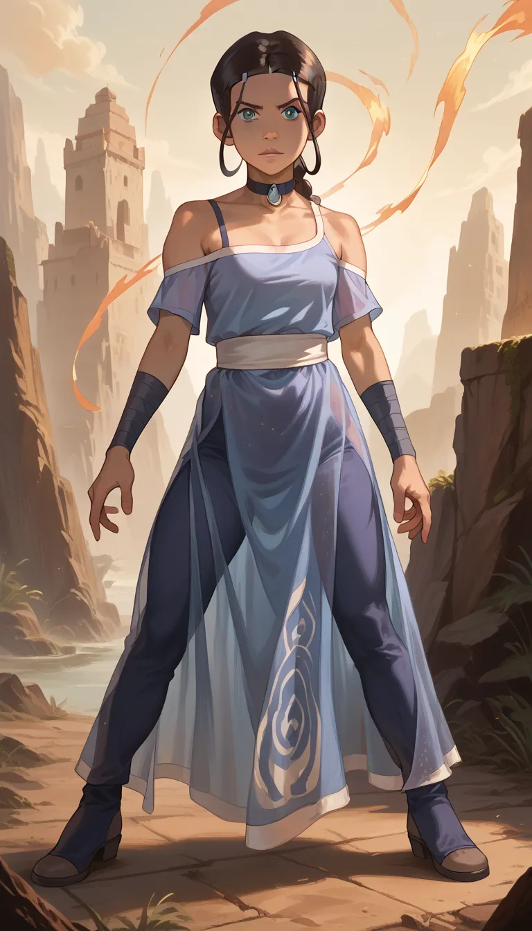 A full body display, Katara off the shoulder strap, low cut tank-top, long see-through dress, intricate fantasy character portrait, detailed facial features, intense gaze, dramatic pose, dark fantasy, dark magic, moody lighting, cinematic composition, mute...