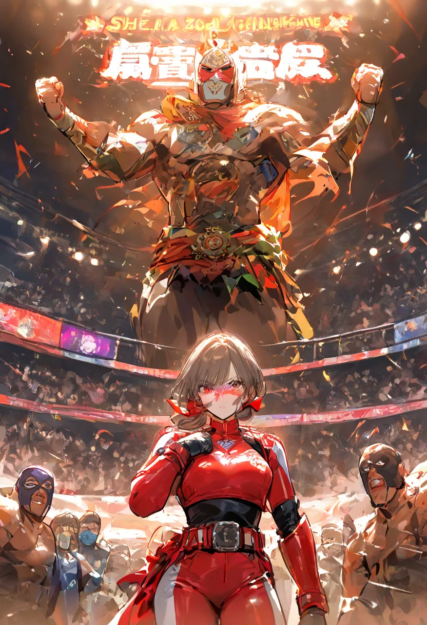 A masked fighter with brown skin and brown hair tied in a ponytail.  large belt, She wears a short wrestling suit with vibrant colors (red, green and white) and a mask decorated with pre-Hispanic symbols.  His expression is bold and challenging , with a vi...