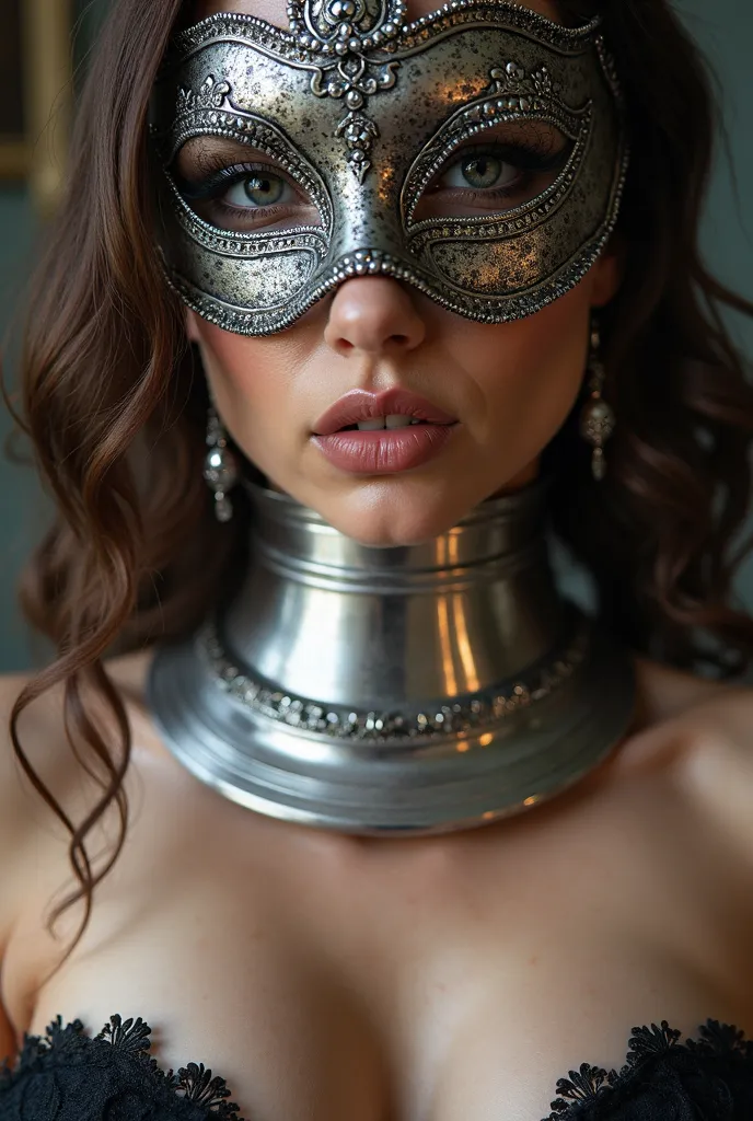 Closeup of the neck of a brunette big breasted naked woman wearing a silver metal collar ((with ‘Nastazia’s Property’ engraved on it)) and she is wearing a masquerade mask