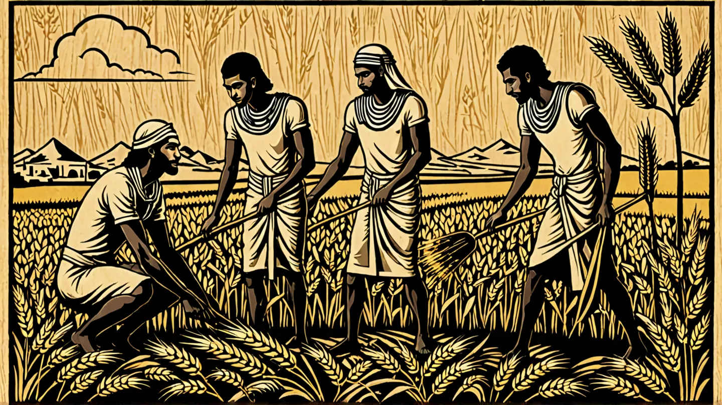 
a young egyptian  man harvesting wheat with two other men.

 Create a rustic woodcut style image digital art surreal, using only black, beige and yellow colors.
