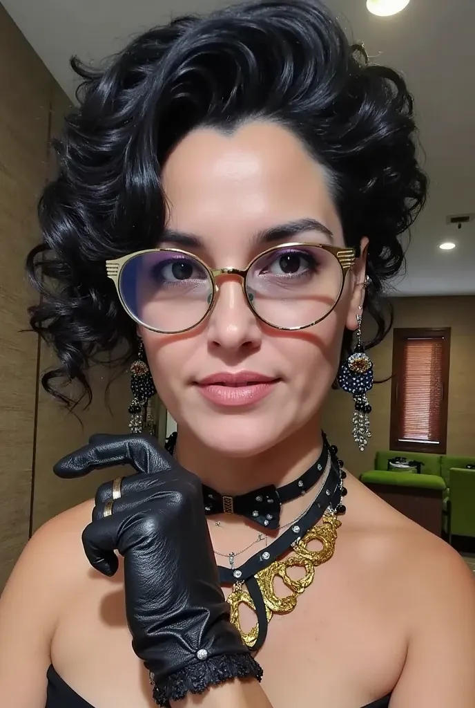 with long,  black and curly hair、heavy makeup and purple eyeshadow 、  around your neck ,  she wears a black ribbon scarf with a gold chain pattern.、 wearing gold-framed glasses、 Wearing black lace gloves 、 Adult German woman in a dress 