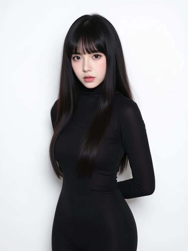 
A Chinese, long black haired girl with bangs, big boba like eyes, pretty mouth, stunning, alluring beauty, best visual ever, pale skin, unique visual, fierce look, realistic, hourglass body, white background, full body in frame, wearing black spy bodysuit...