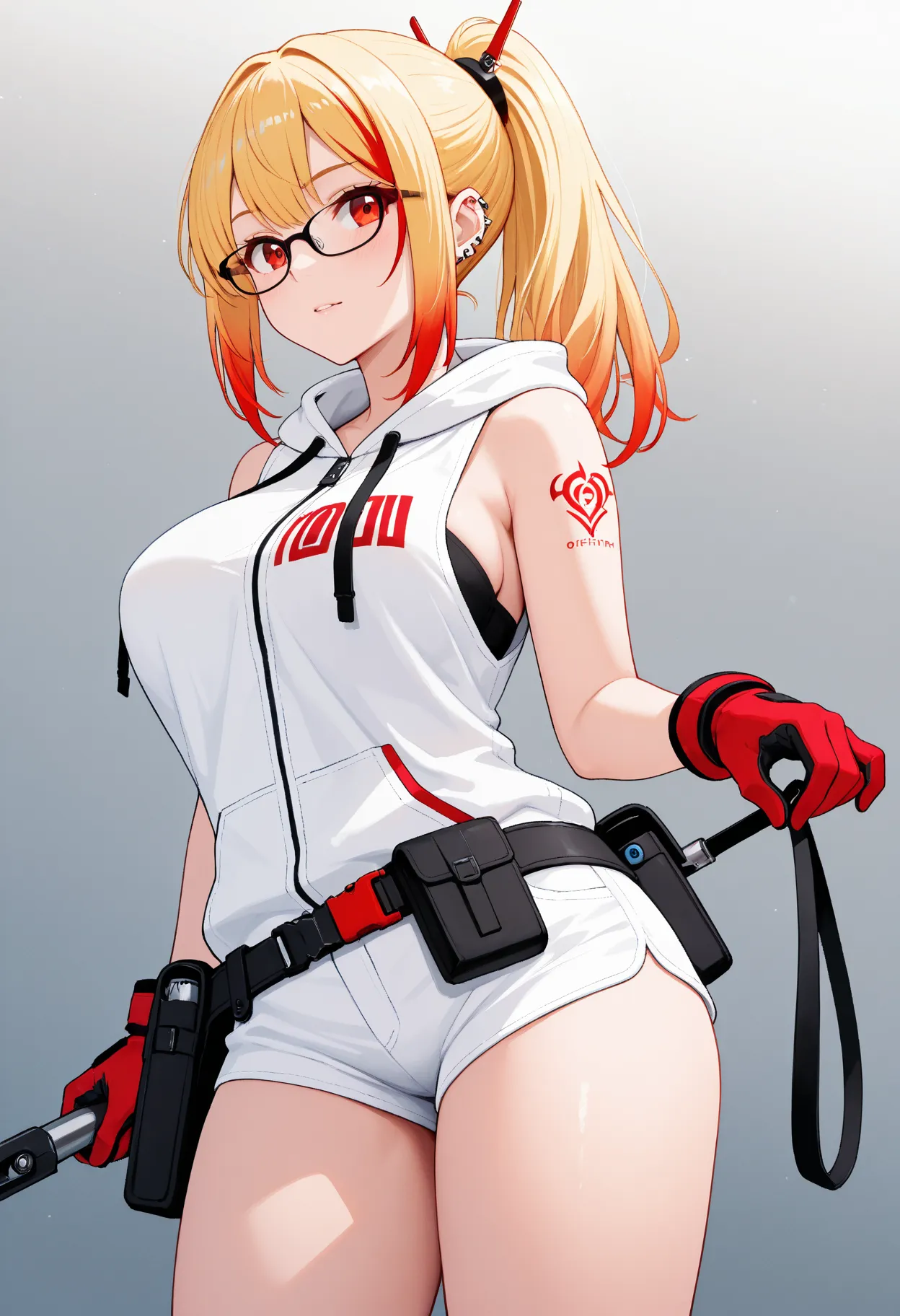 Rapunzel. ponytail blonde hair with red tip, anime girl, cybernetic, Technician, glasses ,Hair: blone with vibrant red tips, styled in a way that reflects a confident and capable personality. The silver-to-red gradient enhances their striking and unique lo...