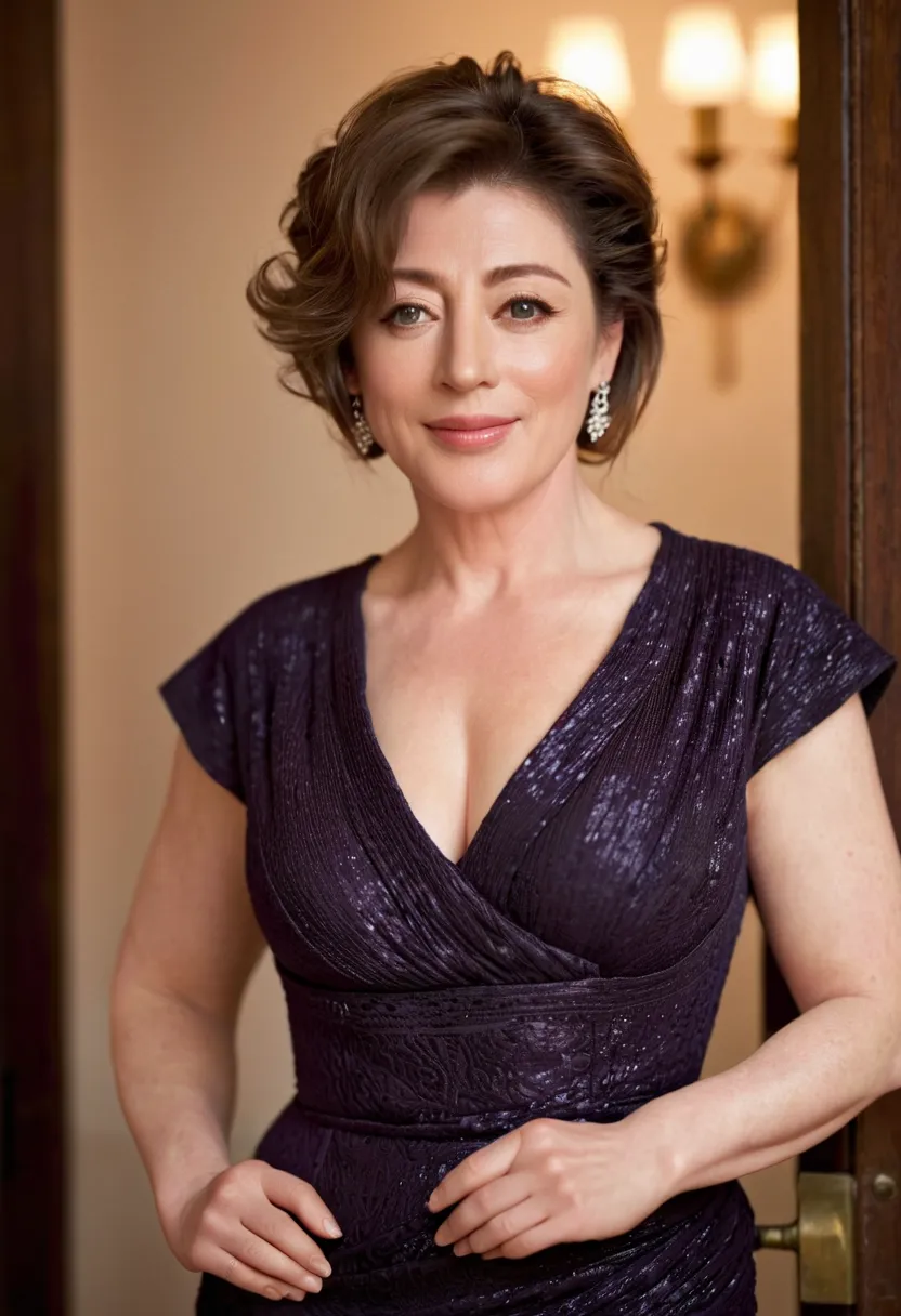 (best quality,4k,8k,highres,masterpiece:1.2),ultra-detailed,(realistic,photorealistic,photo-realistic:1.37), (Caroline Quentin:1.3), noble madame over 48 years old, mature beauty, dominant, elegant and poised, evil smile, intense aura, commanding gaze, (fr...