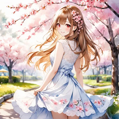 ultra realistic white lace dress、 red eyes、 Gold、Bronze Hair、long hair、flower hair ornament、watercolor画、watercolor、Blur color 、Cherry blossom trees、 turn around、 Smile、 Sakurabuki、I'm holding down my skirt 