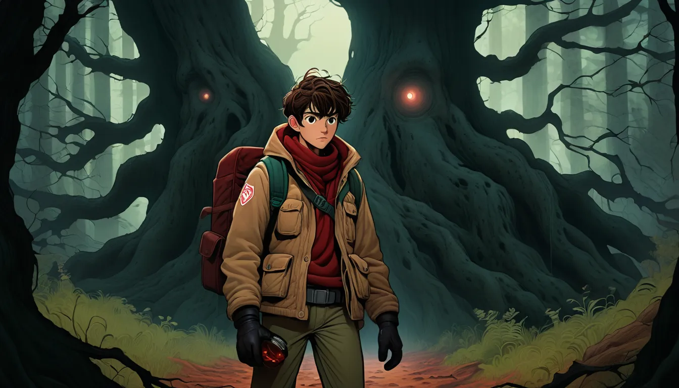 An illustration、art、90s horror movie posters, Supervised by Junji Ito、High detail, Realistic shadows、Analog Style, chromatic aberration, Surrealism、Complementary Gradient "A young man with brown hair, wearing a rugged explorer's outfit—a sturdy beige jacke...