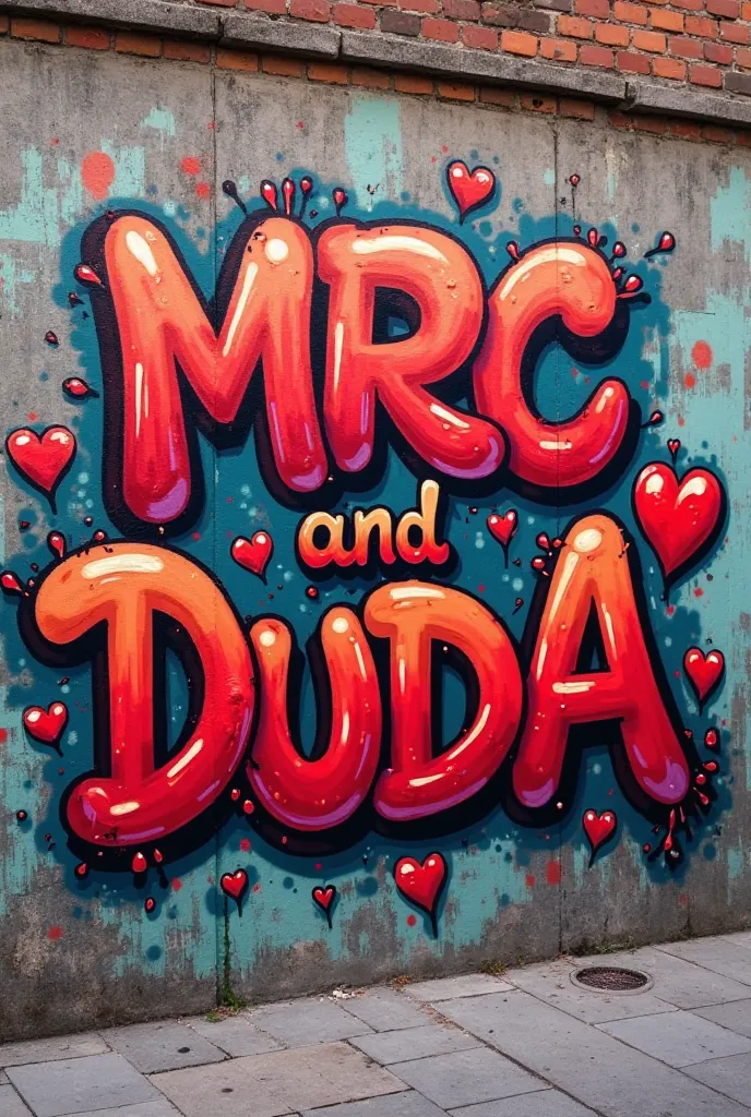 Hello Gemini, create a graffiti for me with the word " MRC and DUDA" well-designed round letters in red and black with a love theme