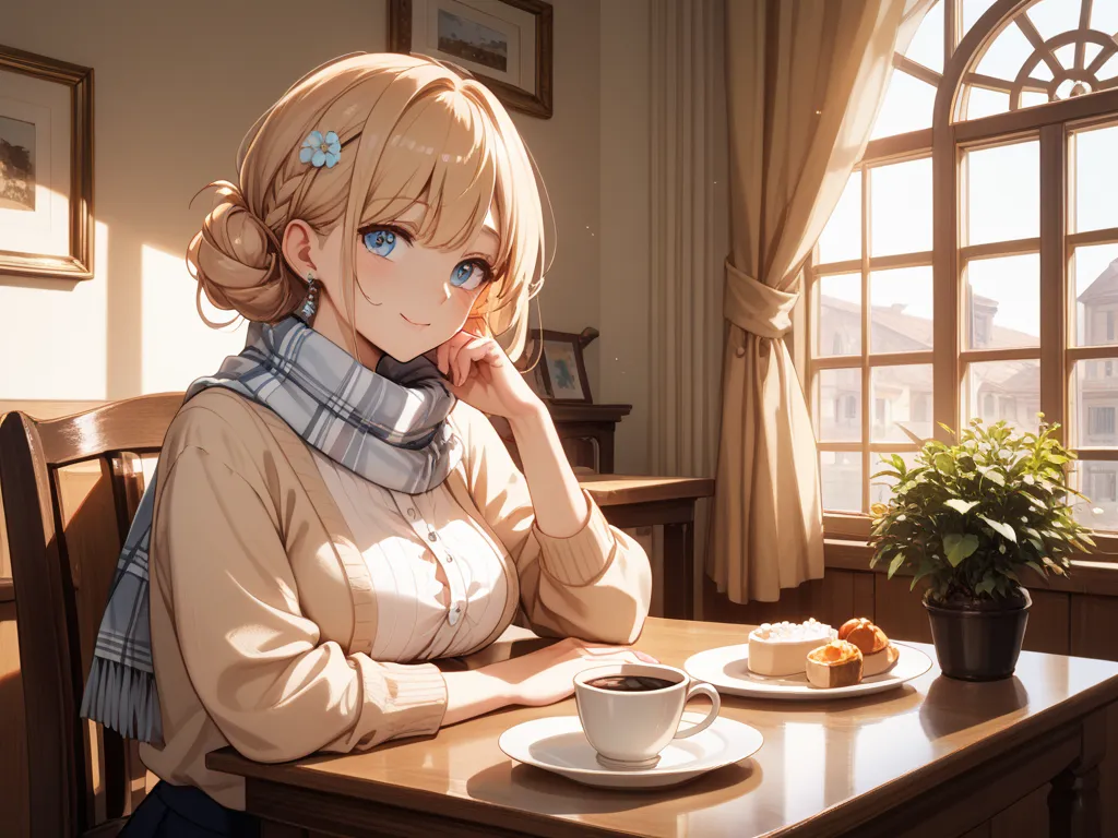 A cozy café bathed in warm afternoon sunlight. A small wooden table is set with two steaming coffee cups and an elegant dessert plate. One chair is neatly tucked in, while the other is slightly pulled out, as if someone had just been sitting there. A soft ...