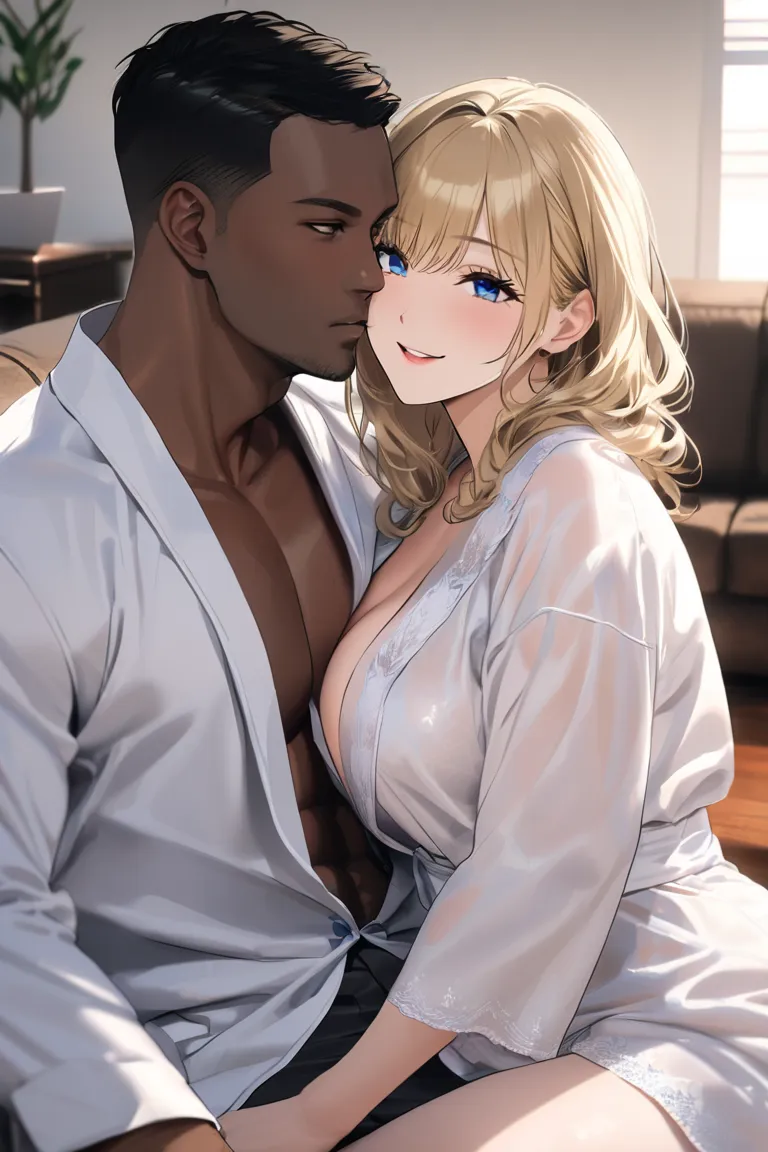 top quality, masterpiece, Hi-Res, 8k, (1 girl 1 boy ),  two people staring at each other, sexy, (bust shot), (a married woman wearing a white bathrobe), wavy blonde hair, Mature Woman, ((( kind expression))), living room,  smile, ((( toro face))), Beautifu...