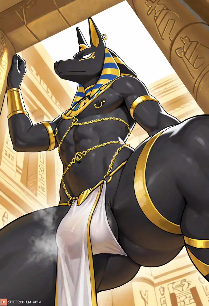 Highest quality,perfect anatomy,male anthropomorphic anubis wearing cute panties,white panties,black skin,big bulging crotch,furry,egyptian robe,femboy body,gay,egyptian temple,obscene language,egyptian outfit,nipple piercing,body chain,side view,white ste...