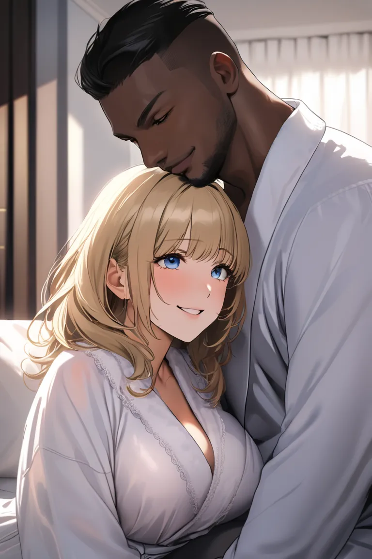 top quality, masterpiece, Hi-Res, 8k, (1 girl 1 boy ),  two people staring at each other, sexy, (bust shot), (a married woman wearing a white bathrobe), wavy blonde hair, Mature Woman, ((( kind expression))), living room,  smile, ((( toro face))), Beautifu...