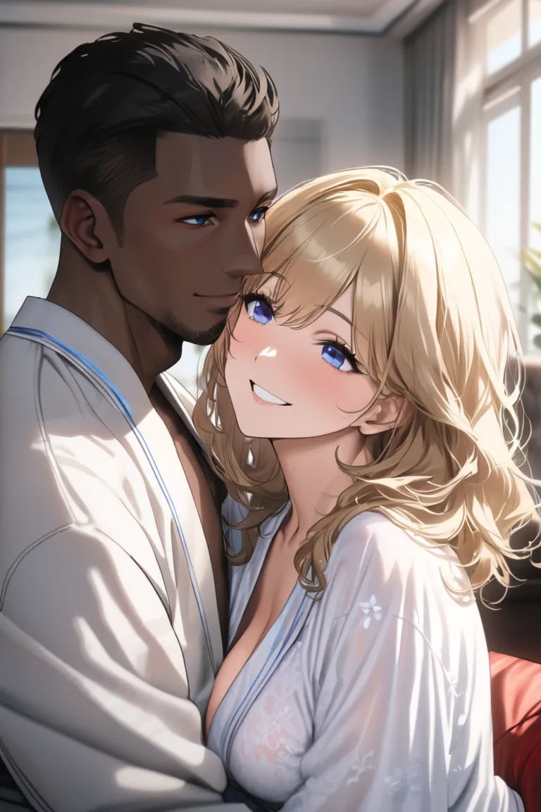 top quality, masterpiece, Hi-Res, 8k, (1 girl 1 boy ),  two people staring at each other, sexy, (bust shot), (a married woman wearing a white bathrobe), wavy blonde hair, Mature Woman, ((( kind expression))), living room,  smile, ((( toro face))), Beautifu...