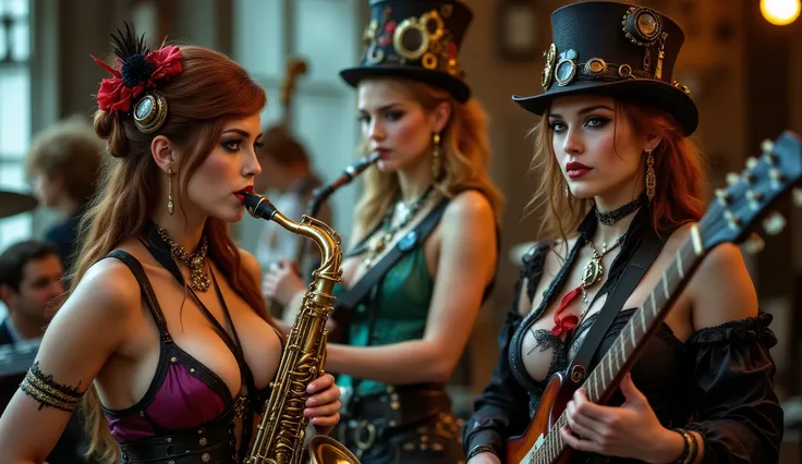 steampunk band, three beautiful woman, one woman playing the saxophone, one woman playing the guitar, colorful costumes9