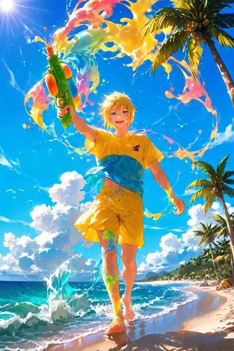 Naruto uzumaki, (8k, HD), 1 boy, alone, short hair, yellow hair, blue eyes, yellow summer shorts, walking along the seashore, beach, sand, waves, looking at viewer, barefoot, wind, palm trees, clouds, blue sky, (good hands), multicoloured smile, joyful, ha...