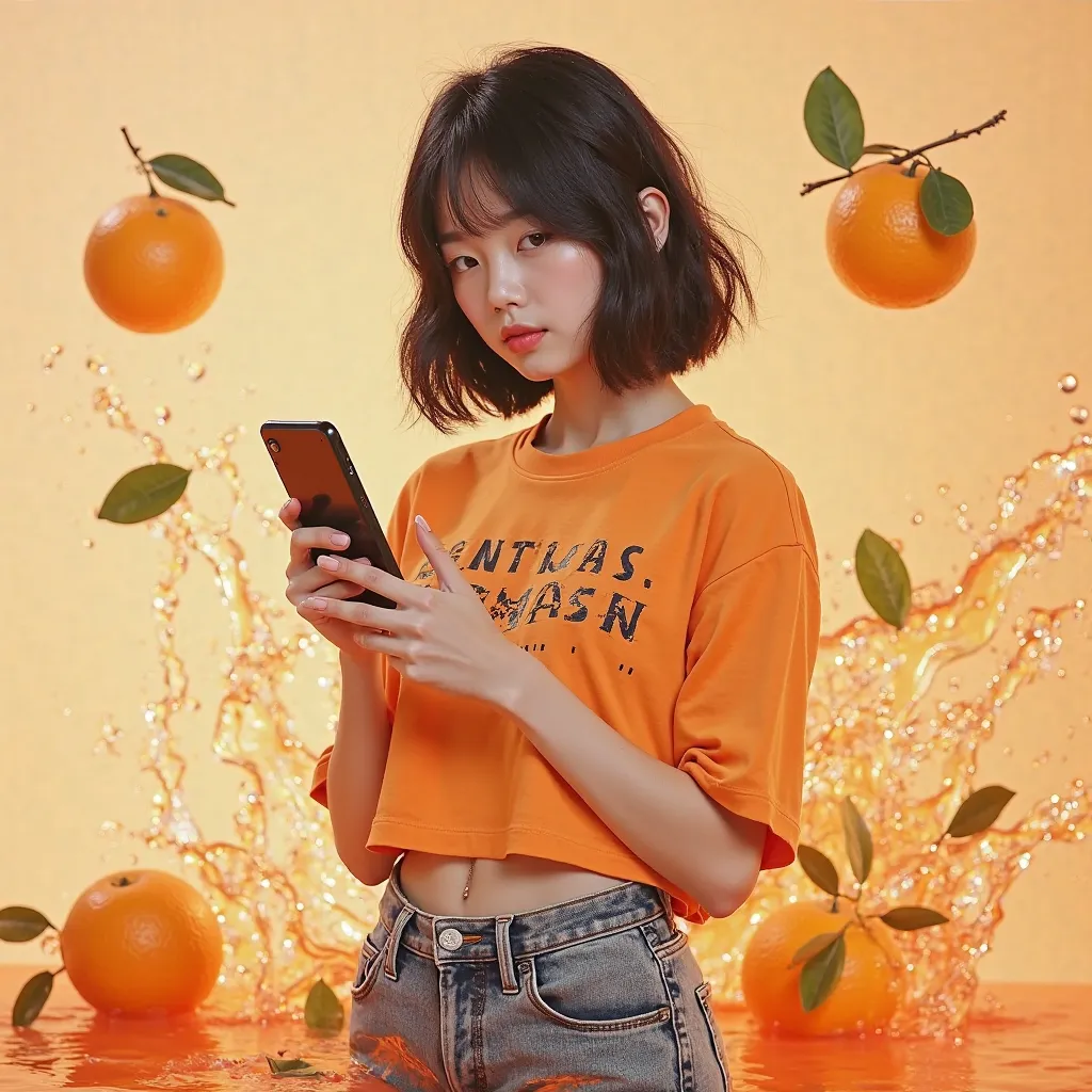 "A 19-year-old Korean K-pop idol named Kloe, with short black hair and bangs, wearing a Y2K-inspired outfit, including a cropped graphic t-shirt, low-rise jeans, and platform sneakers. She is holding a classic 2000s cellphone, like a Nokia 3210, interactin...