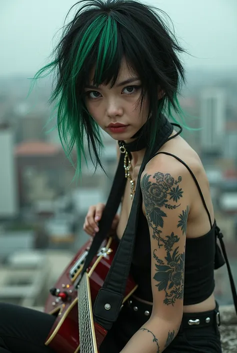 Black haired Asian woman with green highlights sitting on top ledge of building, playing guitar cok, sexy, roupa de show de rock, janice sung, set on a Tokyo rooftop, dreamy rock girl, sitting on roof, playing guitar cok,  striped hair ,  hair over shoulde...