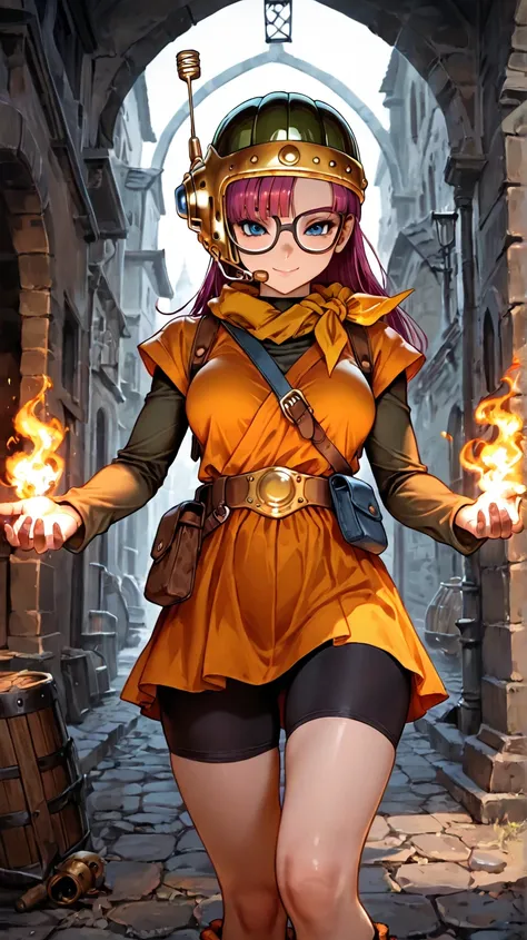 1girl, Lucca from Chrono Trigger, thin build, glasses, long hair, looking at viewer, fire magic in hands, standing, orange dress skirt, black yoga shorts, seductive smile, medieval city in background, from the knees up, masterpiece, medium breasts, 8k, bes...