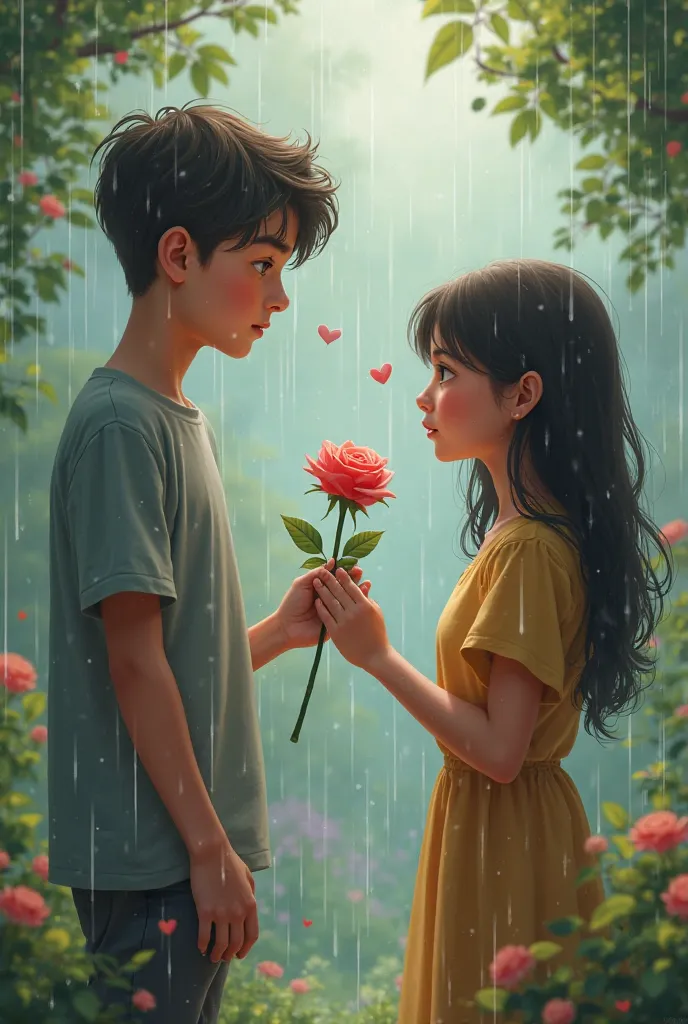 A  age boy parpose the  age girl and  age girl through the rose on her face and going and rain falling
