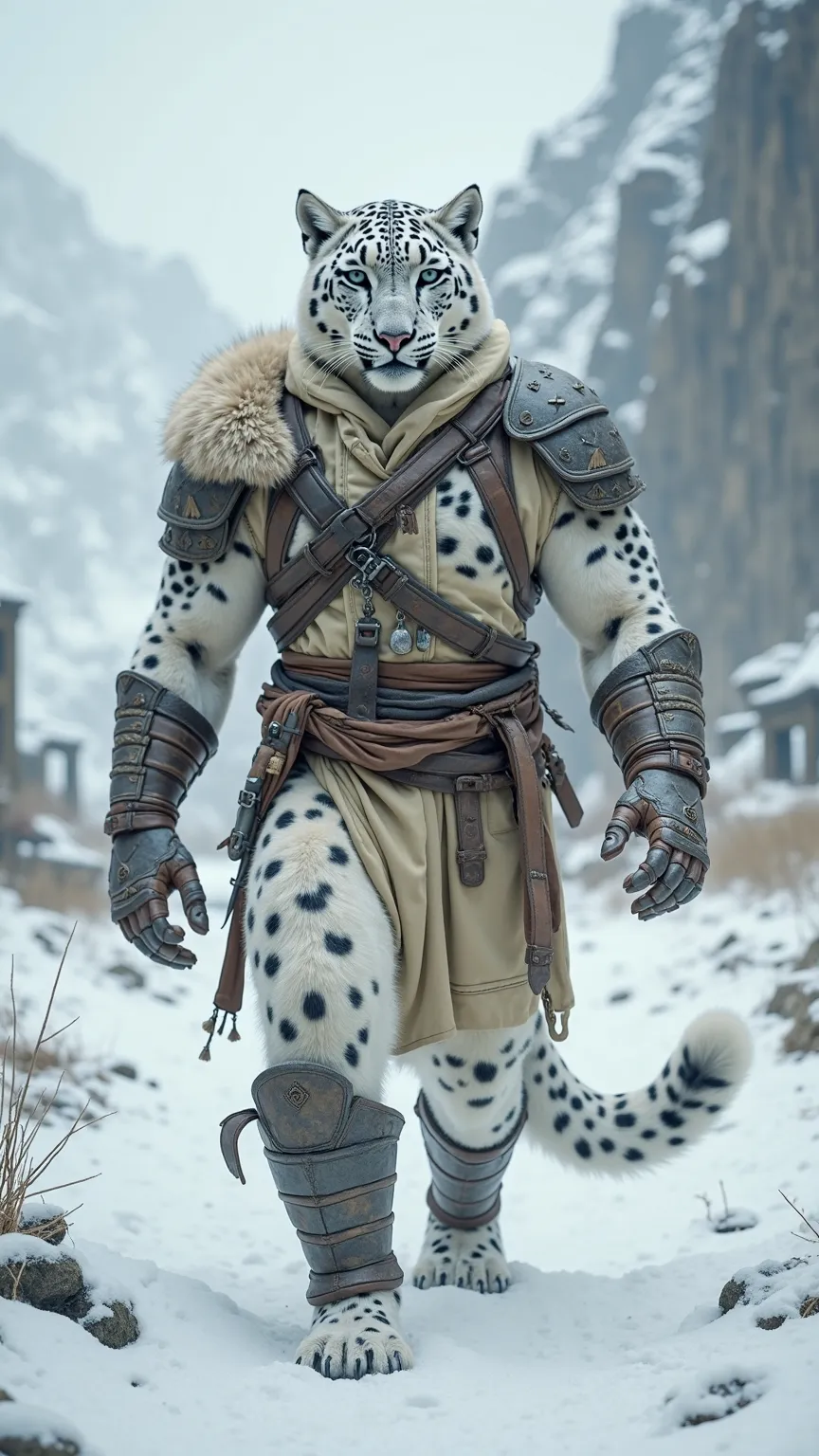 The man and the snow leopard merge into a hybrid creature with the grace of the leopard and the strength of the man.
The hybrid’s body is covered in sleek, white fur, with muscular limbs and powerful claws, while its face retains human-like features mixed ...