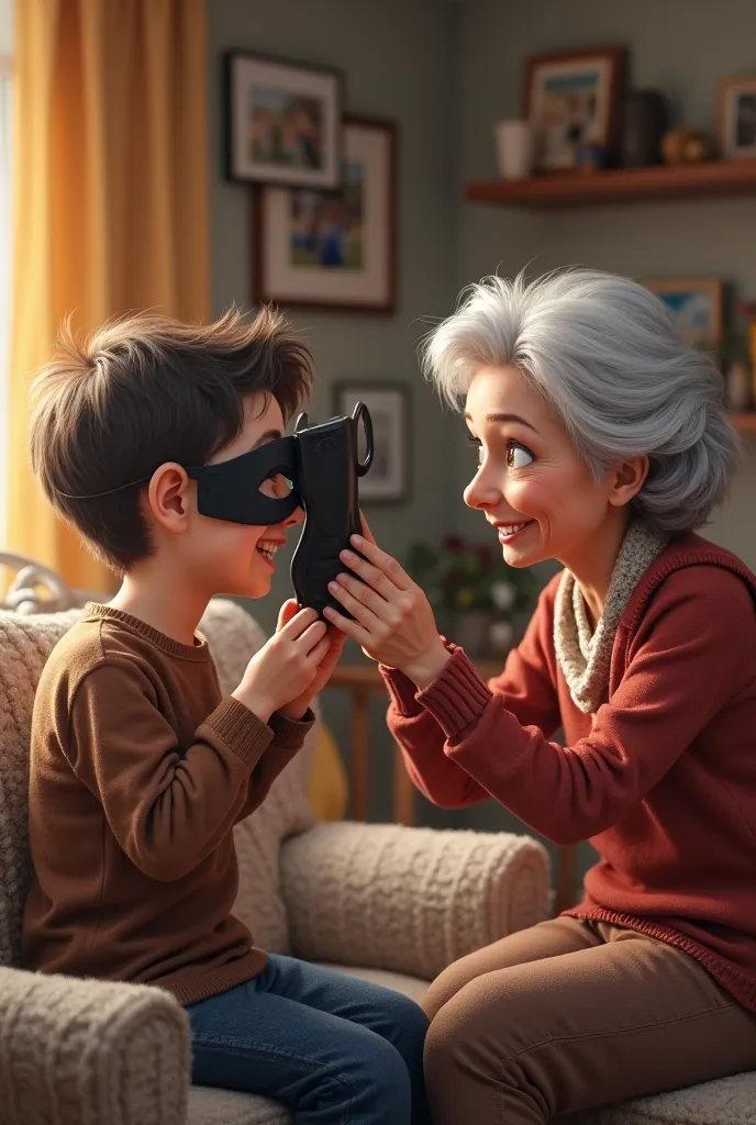 Create a boy with his grandmother trying to put on a spy mask 