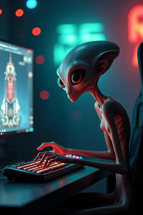 Make a very thin man with the appearance of an alien playing on a PC gamer