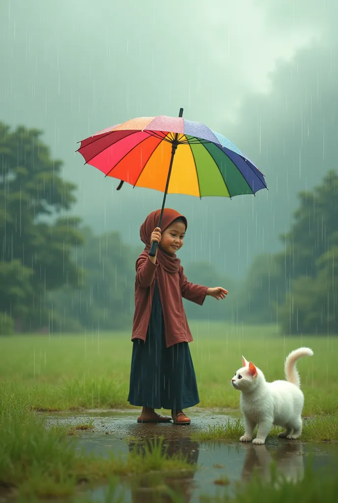 Indonesian Muslim girl playing a small rainbow umbrella in the middle of the grass when the weather is rainy, There is a cute wet white cat