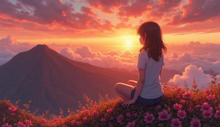 Generate an mature anime girl that watching the sunset from the summit Haleakala Volcano. The trade winds whispered secrets in my ear, carrying the sweet scent of native Hawaiian flowers on their gentle breath. Amidst the vibrant atmosphere.

