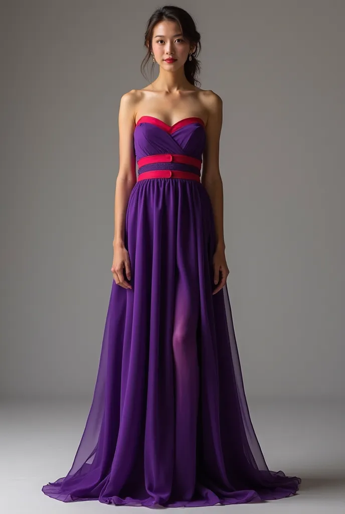 In a purple strapless long dress with two red stripes one on the right end and the other on the left, would match more with a faded dark blue ALL star or a villain-colored toe sandal, If possible I create separate images of what each look will look like
