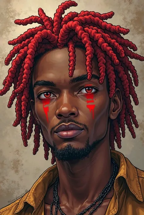 Black young adult male with red dreadlocks whos from the Pharo era with two red marks under his eyes anime style