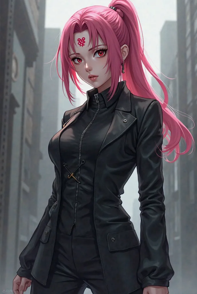 Sakura Harunon Byakugou with jacket 
black pants, 