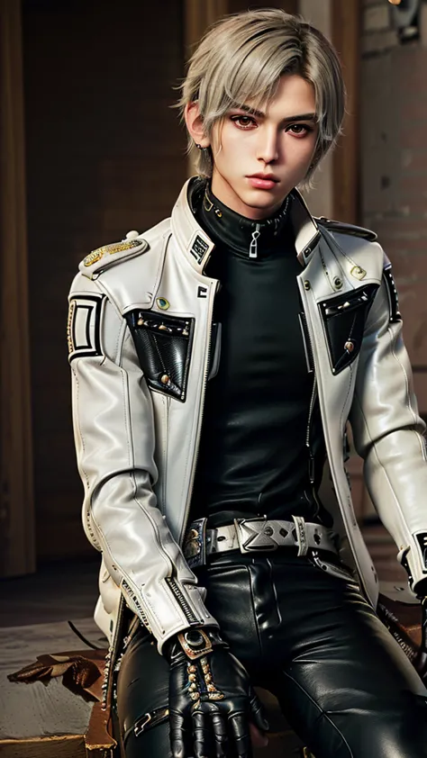 ((Final fantasy taste and reality graphics)), ((Japanese young cute and cool ikemen  boy)), his age is early 20s, thin eyebrows and beady eyes,, (((((boy wearing cream-white color thick leather and single-brest double zipper jacket))))), ,(((((jacket is vo...