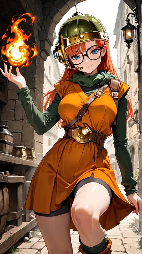 1girl, Lucca from Chrono Trigger, thin build, glasses, long hair, looking at viewer, fire magic in hands, standing, orange dress skirt, black yoga shorts, seductive smile, medieval city in background, from the knees up, masterpiece, medium breasts, 8k, bes...